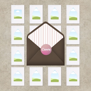 Puede incluir: Un sobre marrón abierto con interior a rayas rosas y blancas, rodeado de doce tarjetas blancas con ilustraciones de paisajes. Un círculo rosa con la palabra "Canva" está en el sobre. Las tarjetas presentan un cielo azul, colinas verdes y una nube blanca.