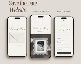 Ivory Save The Date Website Template, Custom Monogram Save The Date, Canva Save The Date Website, Digital Wedding Announcement - IV01