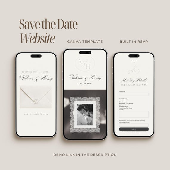 Ivory Save The Date Website Template, Custom Monogram Save The Date, Canva Save The Date Website, Digital Wedding Announcement - IV01