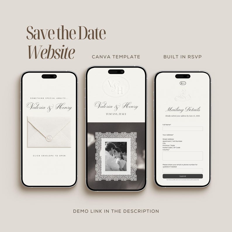 May include: Three smartphones displaying a Save the Date website template. The screens show an envelope graphic, a couple's names Valeria & Henry with a photo, and a mailing details form with fields for full name, address, and a submit button.