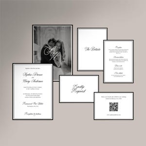 May include: A collection of wedding stationery with a black and white photo of a couple, and cards with text. The cards include "The Details", "Kindly Respond", and wedding details. The stationery is arranged on a neutral background.