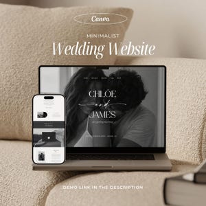 May include: A laptop and a smartphone displaying a wedding website template. The screen shows a black and white photograph of a couple with the text CHLOE and JAMES are getting married. The interface includes navigation menus and layout sections.