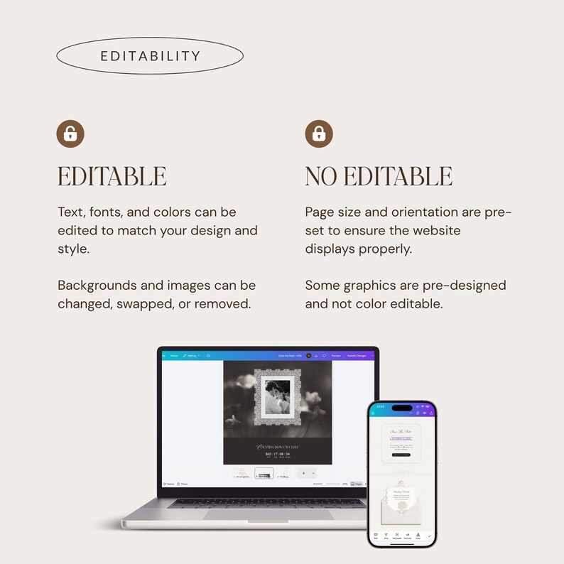 May include: An infographic titled EDITABILITY showing a laptop and smartphone displaying design software. The text explains that text, fonts, and colors are editable, while page size, orientation, and certain graphics are not editable.