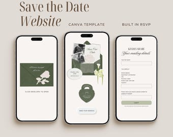 Olive Green Wedding Save The Date Website Template, Digital Wedding Invitation, Editable Canva Website - OG01