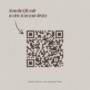 May include: A dark brown QR code centered on a light beige background. Above the code, the text reads: Scan the QR code to view it on your device. A curved arrow points toward the code. Below the code, the text reads: DEMO LINK IN THE DESCRIPTION.