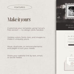 May include: A digital template interface featuring the text FEATURES and Make it yours, with instructions for customization in Canva. The right side displays a website preview with a black and white photo, a countdown timer, and wedding invitation details.