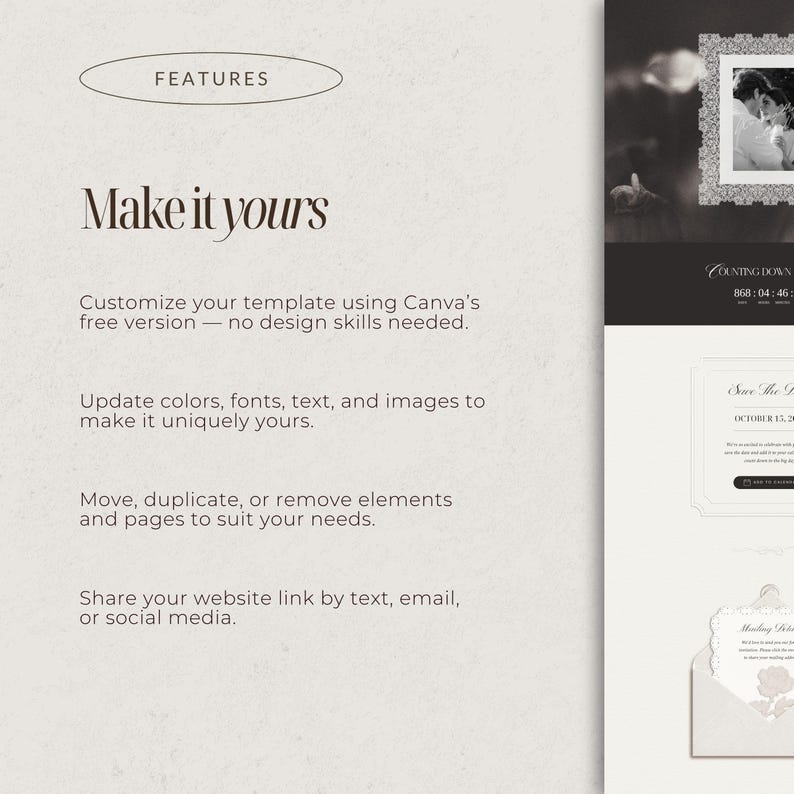 May include: A digital template interface featuring the text FEATURES and Make it yours, with instructions for customization in Canva. The right side displays a website preview with a black and white photo, a countdown timer, and wedding invitation details.