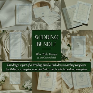 May include: A wedding bundle with a blue toile design, including invitations, menus, and table cards. The design features floral accents and the text "WEDDING BUNDLE". The bundle includes 22 templates.