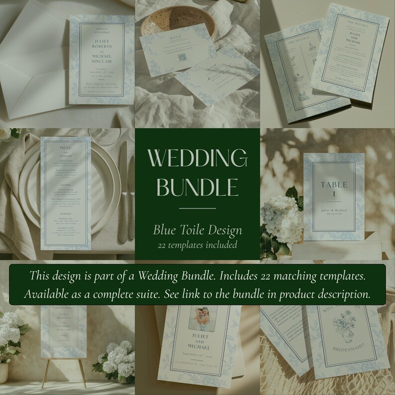 May include: A wedding bundle with a blue toile design, including invitations, menus, and table cards. The design features floral accents and the text "WEDDING BUNDLE". The bundle includes 22 templates.