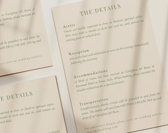 Editable Wedding Details Card, Green Invitation, Italian Destination Wedding, Canva Template (5x7 4x6 Printable)
