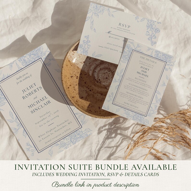 May include: A wedding invitation suite featuring a floral design in light blue. The suite includes an invitation, RSVP card, and details card. The invitation text reads "Juliet Roberts and Michael Sinclair" with the wedding date and location.