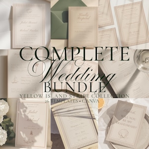 May include: A collection of beige wedding stationery templates featuring thin vertical stripes and dark text. The set includes invitations, response cards, itineraries, menus, and cards with illustrations of a lighthouse and seashell.