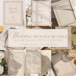 May include: A selection of wedding signage templates in cream and beige tones. The bundle includes a guest book, welcome sign, seating chart, and bar menu. The text includes "Wedding Signage Bundle" and "Yellow Island Stripe Collection".
