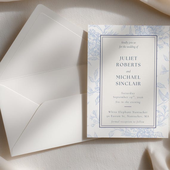 Editable Wedding Invitation Template • Blue Floral Hydrangea • 5x7 • Coastal Elegant Printable