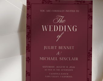 Editable Wedding Invitation, Burgundy Botanical, Elegant Winery Style, Canva Template (Digital Download)
