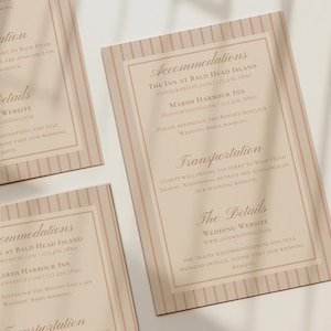 Tarjeta de detalles de boda editable, invitación a rayas amarillas, boda costera, plantilla de Canva (descarga digital)