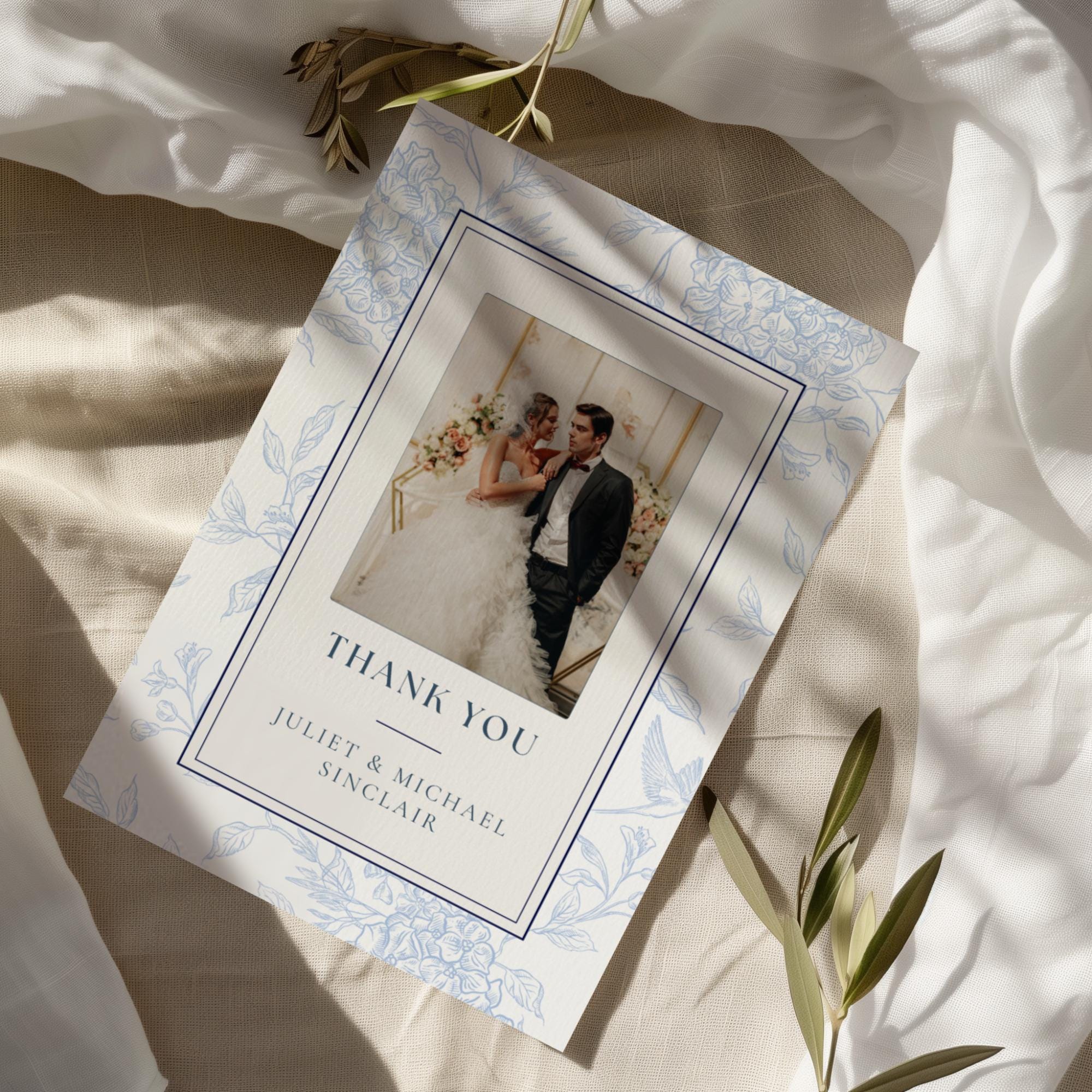 Editable Wedding Thank You Card, Blue Floral Photo Design, Printable ...