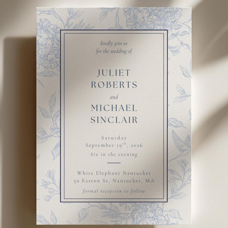 Editable Wedding Invitation Template • Blue Floral Hydrangea • 5x7 • Coastal Elegant Printable