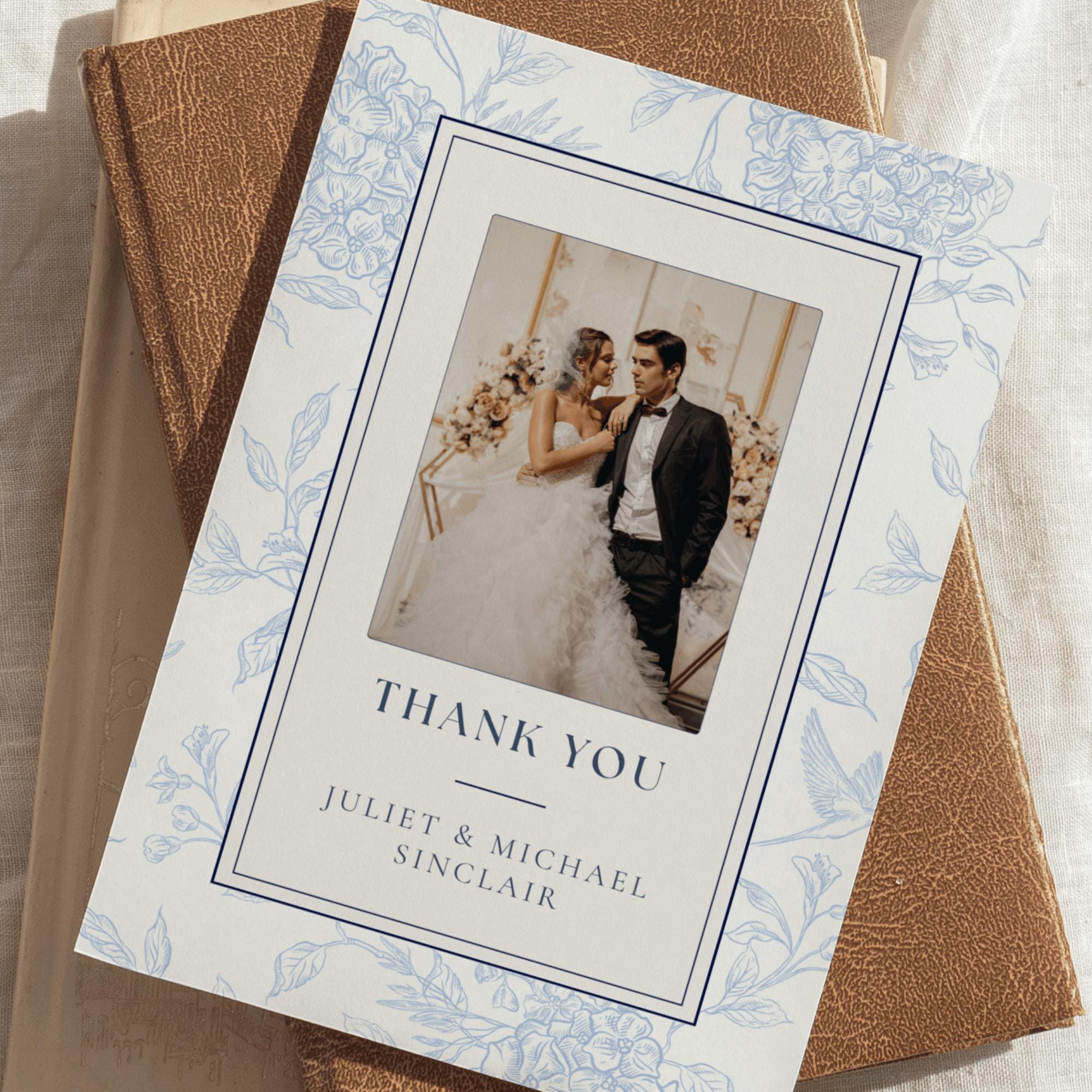 Editable Wedding Thank You Card, Blue Floral Photo Design, Printable ...
