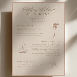 May include: A cream-colored wedding weekend itinerary card featuring brown text and illustrations of a palm tree, a sailboat, and a starfish. The text lists events for Juliet and Michael from July 17 to July 19, 2026, at Bald Head Island.
