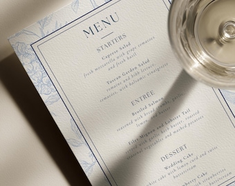 Menú de boda editable, tarjeta de menú de comida, diseño Coastal Toile, plantilla de Canva (descarga digital)