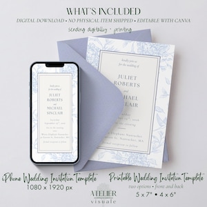 Editable Wedding Invitation Template • Blue Floral Hydrangea • 5x7 • Coastal Elegant Printable image 7