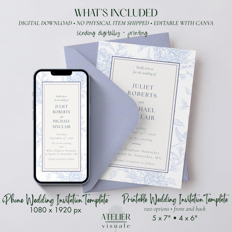 Editable Wedding Invitation Template • Blue Floral Hydrangea • 5x7 • Coastal Elegant Printable image 7