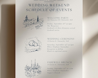 Modelo de roteiro de casamento editável, programação de eventos para o fim de semana, convite com tema praiano, modelo Canva (download digital)
