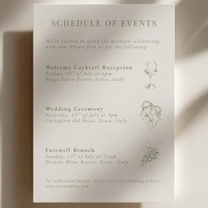 May include: A cream-colored wedding invitation with the text "SCHEDULE OF EVENTS" at the top. The invitation lists the welcome cocktail reception, wedding ceremony, and farewell brunch details. Delicate illustrations of a wine glass, couple, and grapes are included.