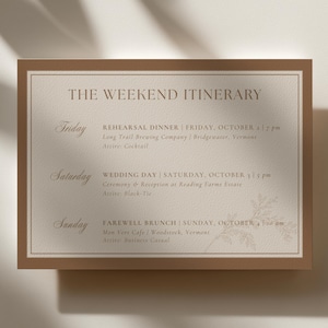 May include: A rectangular wedding weekend itinerary card with a brown border on a cream background. The text reads THE WEEKEND ITINERARY, Friday REHEARSAL DINNER, Saturday WEDDING DAY, and Sunday FAREWELL BRUNCH with specific event details and times.