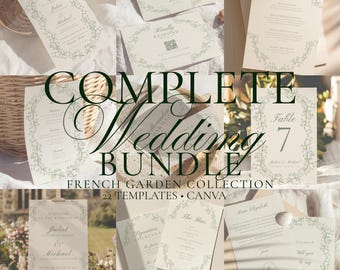 Op de afbeelding: Een collectie van crèmekleurige trouwkaarten-sjablonen met een delicate groene botanische rankenrand. De set bevat uitnodigingen, RSVP-kaarten, tafelnummers, welkomstborden en menukaarten met elegante schreefletters en florale motieven.