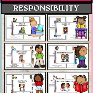 以下が含まれることがあります： CHARACTER EDU. RESPONSIBILITYというタイトルの教育用ポスターセット。漫画のキャラクターが描かれた6枚のカードと、I CAN DO MY JOBS、I CAN CARE FOR MY THINGS、I CAN BE PREPARED、I CAN FOLLOW THROUGH、MY CHOICES MATTERなどのテキストが含まれています。