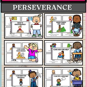 Könnte beinhalten: Ein Charakter-Bildungsplakat mit dem Titel PERSEVERANCE, das sechs illustrierte Felder mit Zeichentrickfiguren zeigt. Jedes Feld enthält Text wie WHAT IS PERSEVERANCE, WHEN THINGS FEEL HARD, I CAN LEARN FROM ERRORS, I CAN ASK FOR HELP, I CAN WAIT FOR PROGRESS und I CAN TRY A NEW WAY.