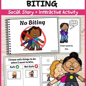 Pode incluir: Um recurso educativo com encadernação em espiral intitulado When I Feel Like Biting, apresentando uma história social e atividade interativa. As páginas incluem ilustrações de crianças, um sinal de No Biting, um exercício de contagem e uma tabela.