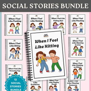 Peut inclure: Un ensemble d'histoires sociales sur le comportement préscolaire comprenant 12 livrets à reliure spirale illustrés d'enfants. Chaque couverture porte un titre comme When I Feel Like Hitting, When I Feel Like Pushing ou When I Feel Like Biting.