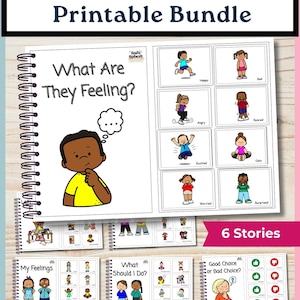 Op de afbeelding: Een printbare bundel interactieve SEL-boeken met cartoonillustraties van emoties en sociale scenario's. De pagina's bevatten tekst zoals What Are They Feeling, My Feelings, What Should I Do en Good Choice or Bad Choice, met 6 verhalen.