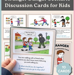 May include: A set of "Stranger Danger Scenario Discussion Cards for Kids" with illustrations and text. The cards feature scenarios and questions about safety, including what to do if a stranger follows you. The set includes 10 cards.