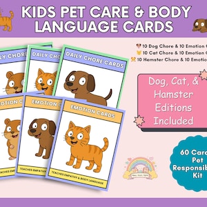 Puede incluir: Un conjunto de tarjetas coloridas para niños sobre el cuidado de mascotas y el lenguaje corporal. Las tarjetas presentan ilustraciones de perros, gatos y hámsteres. El texto en las tarjetas dice "Tarjetas de tareas diarias" y "Tarjetas de emociones".