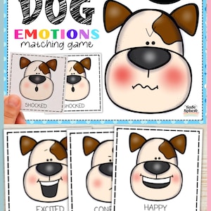 May include: A dog emotions matching game featuring 22 cards with cartoon dog faces displaying various expressions. The cards show dogs with brown ears and patches, pink cheeks, and labels like SHOCKED, EXCITED, CONFUSED, and HAPPY in black text.