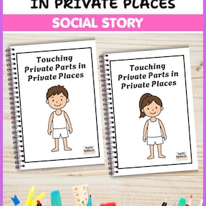 May include: Two spiral-bound booklets titled Touching Private Parts in Private Places. Each cover features a cartoon illustration of a child in a white tank top and shorts. The text Safe Sphere is printed in the bottom corner of each cover.