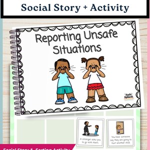 May include: A spiral-bound educational booklet titled Reporting Unsafe Situations featuring cartoon illustrations of two children shouting. Below the booklet are two square cards depicting a stranger and a child hearing a threat.