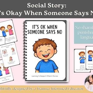 Può includere: Una storia sociale intitolata "It's Okay When Someone Says No" con illustrazioni di bambini. La copertina presenta un ragazzo sorridente dei cartoni animati. Ulteriori carte mostrano bambini che interagiscono e testo come "Posso giocare con te?"