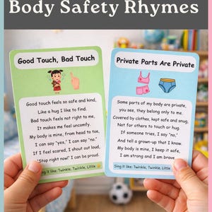 Op de afbeelding: Twee educatieve kaarten met de titel "Body Safety Rhymes". Eén kaart is groen met de tekst "Good Touch, Bad Touch" en de andere blauw met "Private Parts Are Private". De kaarten bevatten rijmende tekst over lichaamsveiligheid.