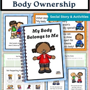 May include: A spiral-bound educational booklet titled My Body Belongs to Me featuring a cartoon illustration of a child. The cover includes a small Safe Sphere logo. The booklet is displayed against a background of various activity cards.