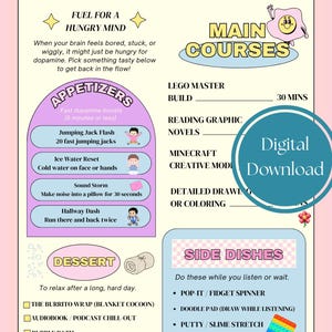 May include: A digital download menu titled "The Dopamine Menu" with sections for appetizers, main courses, side dishes, and dessert. Includes activities like jumping jacks, reading, and drawing. The menu is designed to boost dopamine.