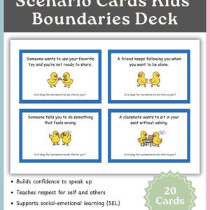 May include: A deck of "Scenario Cards Kids' Boundaries Deck" with 20 cards. Each card features a scenario with cartoon chicks and questions about boundaries. The cards are in blue frames with white text. The deck promotes healthy communication.