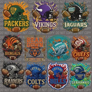 Könnte beinhalten: Ein digitales Grafikblatt mit zwölf verschiedenen Logos und Emblemen von American-Football-Teams, die jeweils team-spezifische Farben, Helme, Footballs und Texte wie Packers, Vikings, Jaguars, Bengals, Bear Down, Dolphins, Chiefs, Raiders, Colts, Bills und Seahawks enthalten.