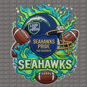 May include: Embroidered patch featuring a football helmet, footballs, and the words "Seahawks Pride" and "Loud and Proud." The design incorporates blue, green, and gold colors, with the team name prominently displayed.
