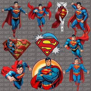 May include: A digital graphic sheet featuring multiple illustrations of Superman in a blue and red suit with a yellow belt and red cape. The collection includes various flying poses, a chest emblem, and a shirt collar with a red tie and logo.