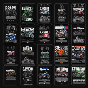 Peut inclure: Ensemble d'affiches de motos présentant divers modèles tels que Yamaha, Kawasaki, Ducati et Harley-Davidson. Chaque affiche comprend une illustration détaillée de la moto, le nom du modèle et des spécifications techniques, sur fond noir.